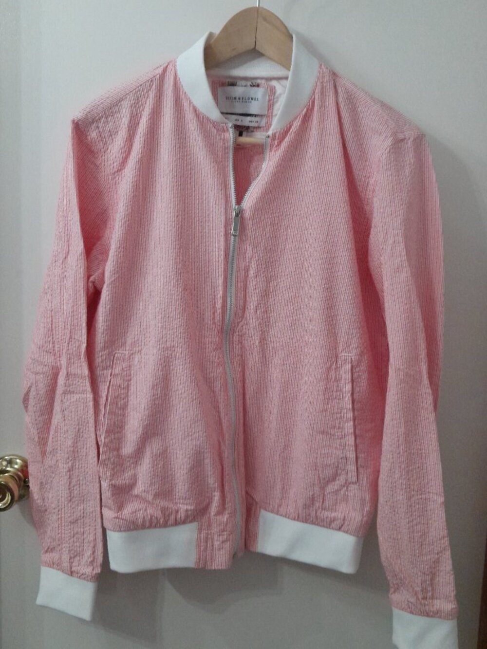 Denim & Flower Unisex Seersucker Bomber Jacket Pink & White Stripe Full Zipper S